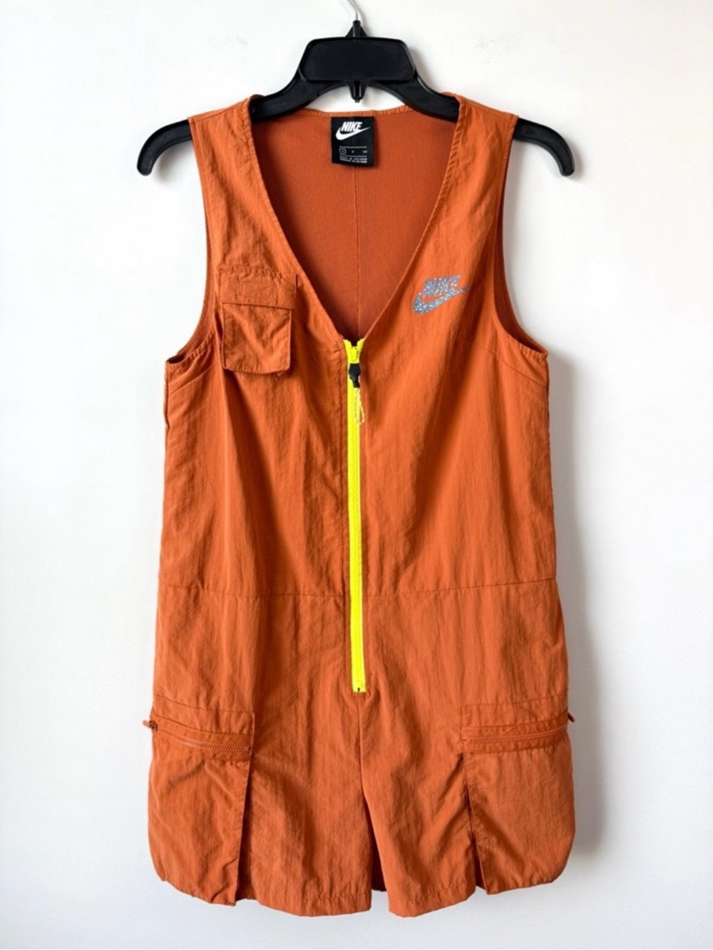 WOMEN NIKE ICON Rust Sleeveless Short Utility Jumpsuit with Neon Zip - Picture 2 of 3